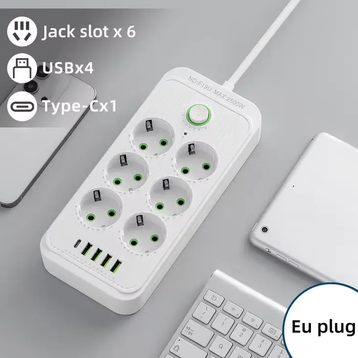 Prise électrique multi-ports EU avec 6/8 prises EU, 4 ports USB Type C, protection contre les surten