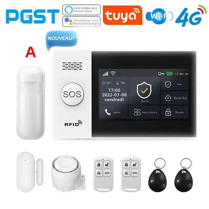 PGST PG-107 4G Tuya sans fil maison WIFI GSM sécurité à domicile avec détecteur de mouvement capteur système d'alarme antivol prise en charge Alexa et Google