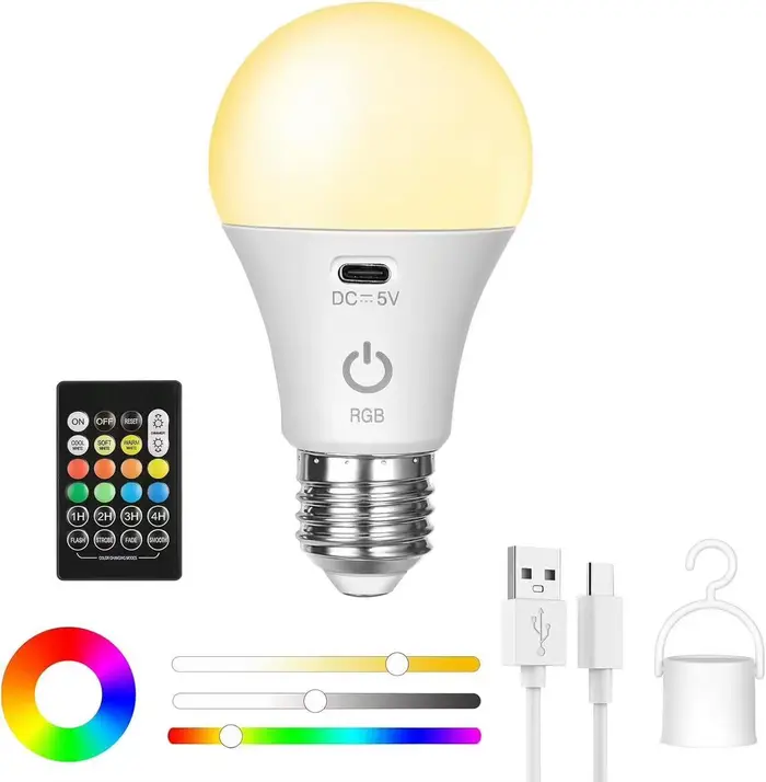 Ampoule rechargeable avec télécommande Dim & RGB, minuterie, base E27, lumière de secours pour la ma