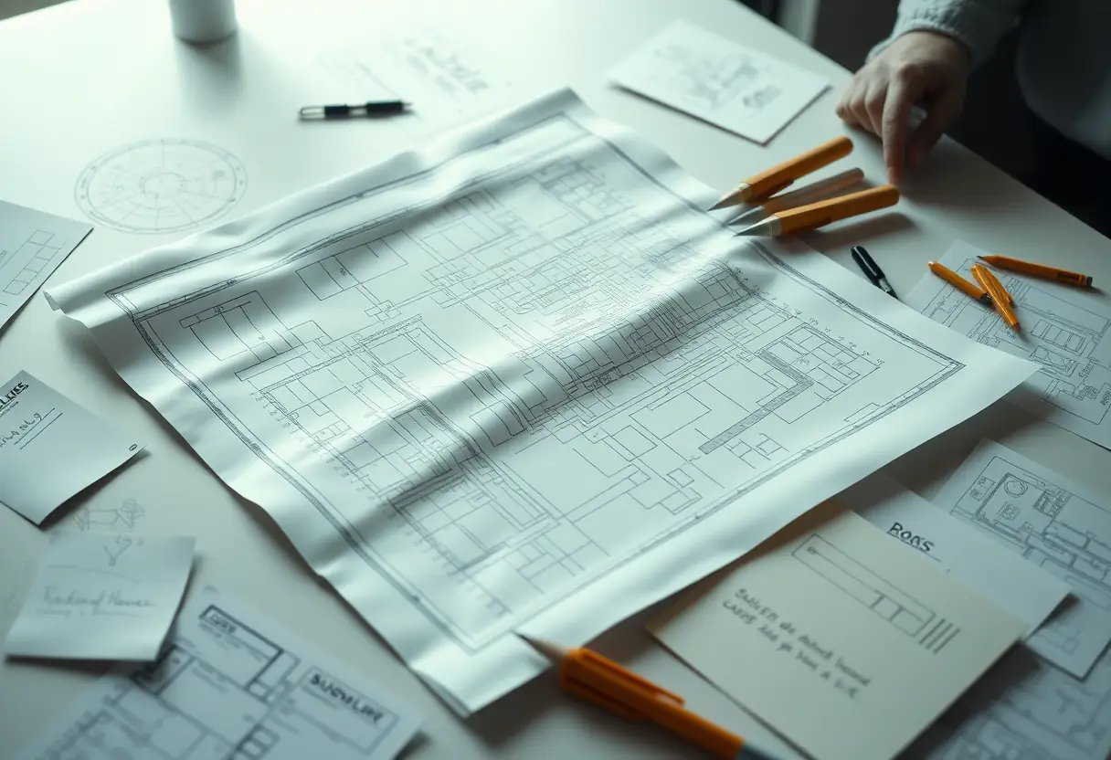 Plan architectural étalé sur une table, agrandissement de maison