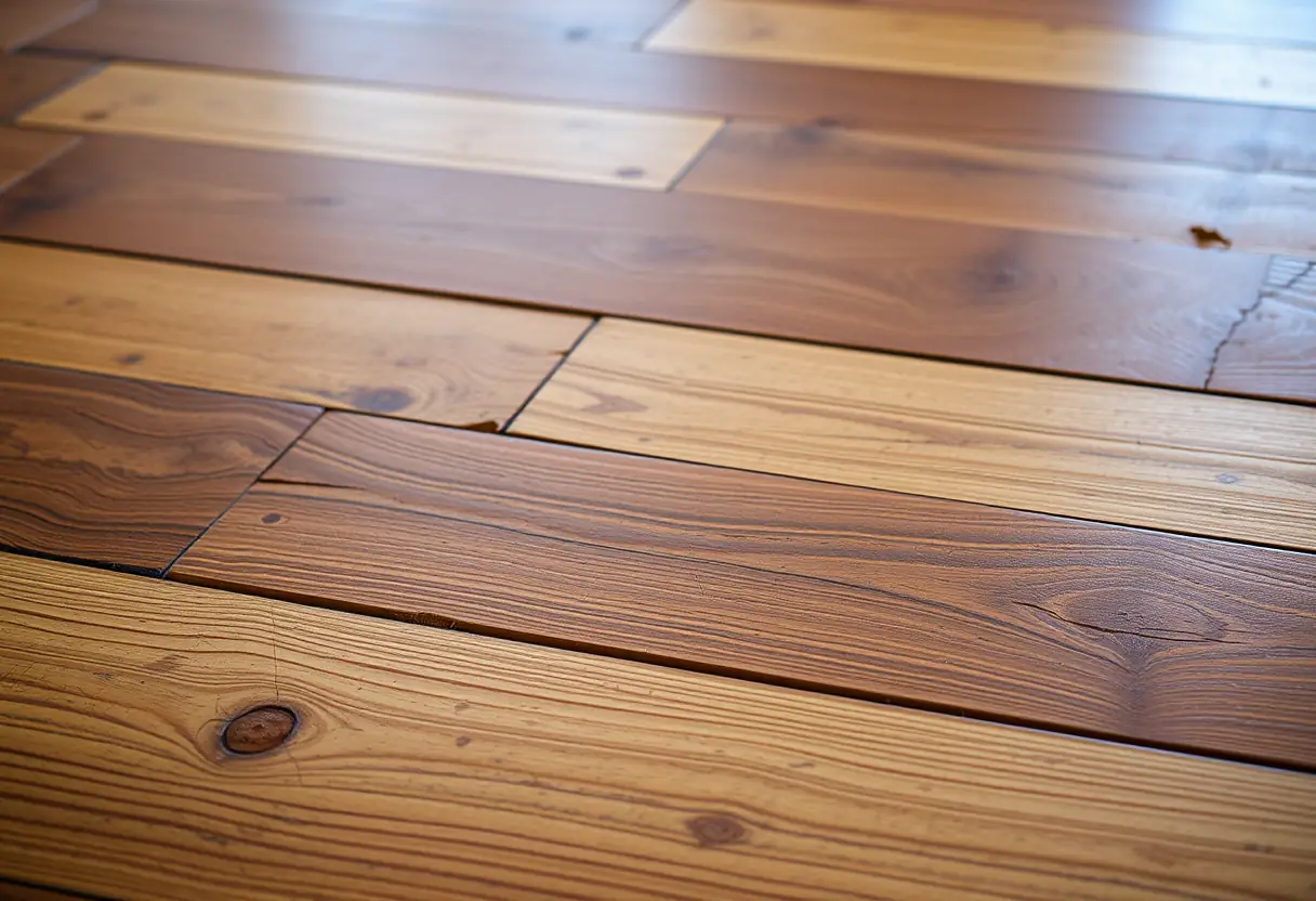 Vue d'un plancher en bois usé nécessitant des réparations pour la rénovation de la maison