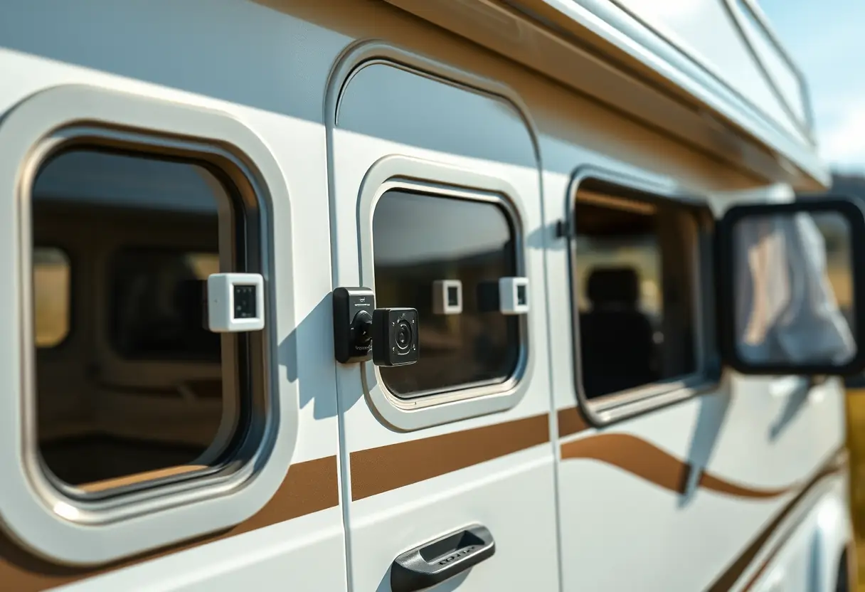 Des capteurs électroniques sur les vitres et les portes d’un camping-car dans un champ