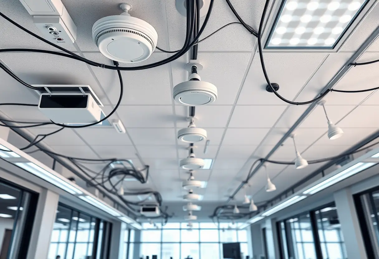 Capteurs et câbles courant le long du plafond dans un bureau pour un système d'alarme filaire