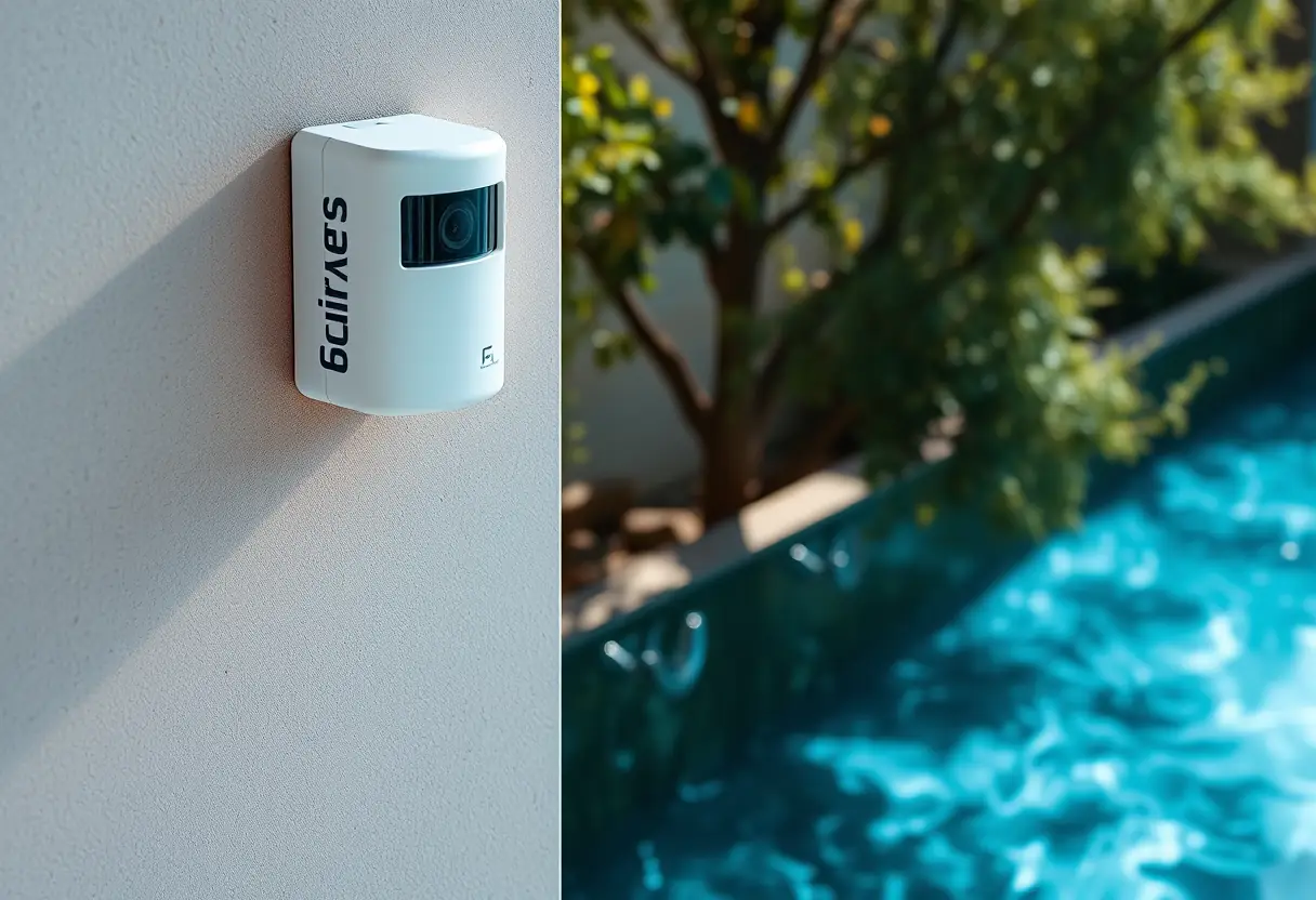 Capteur de mouvement près d'une piscine sécurisée, texte alternatif en français