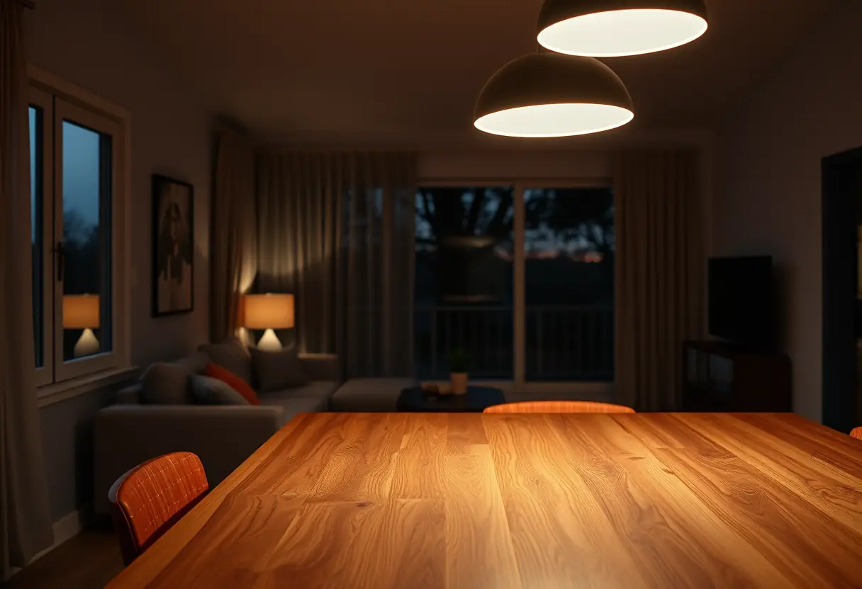 Un salon au crépuscule, éclairé par une lampe réglable sur une table en bois