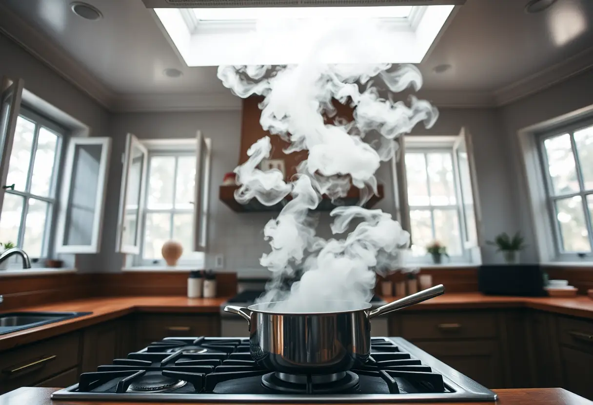Ébullition de vapeur dans une cuisine bien éclairée