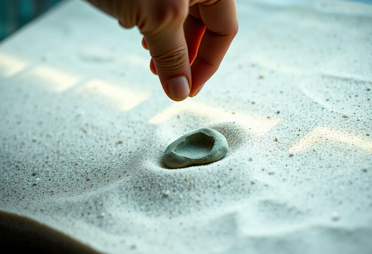 Main posant une pierre dans le sable d'un aquarium