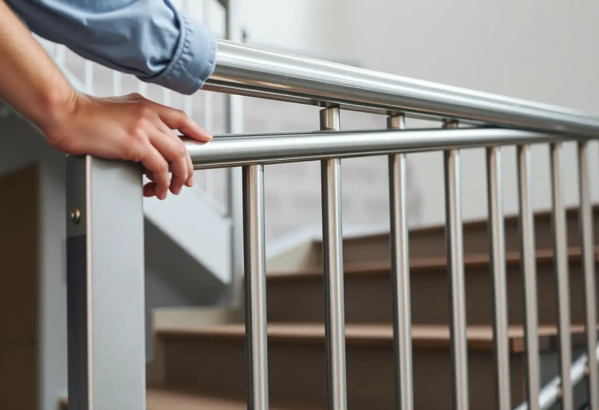 Main posant une barrière de sécurité en métal sur les marches d'un escalier