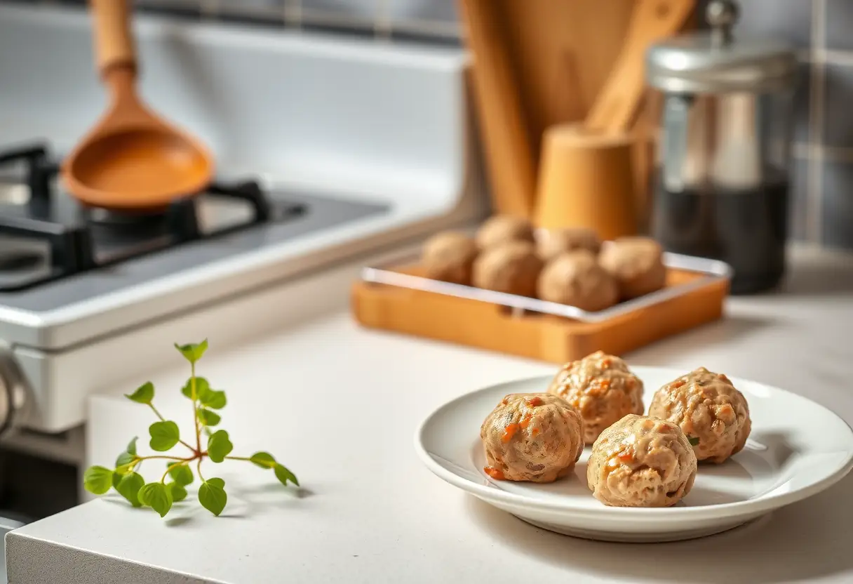 Des boulettes de viande sur un plateau près d'une plaque de cuisson