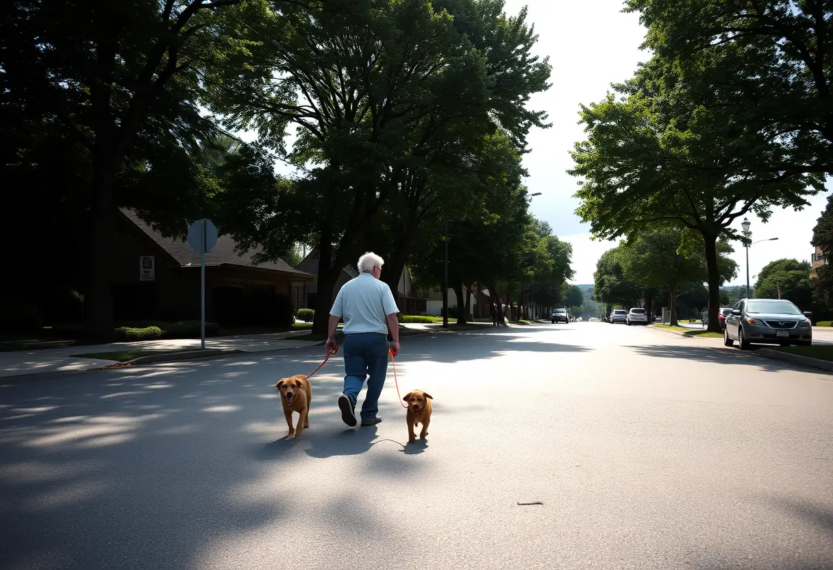 Senior citoyenne marchant avec son chien dans la rue