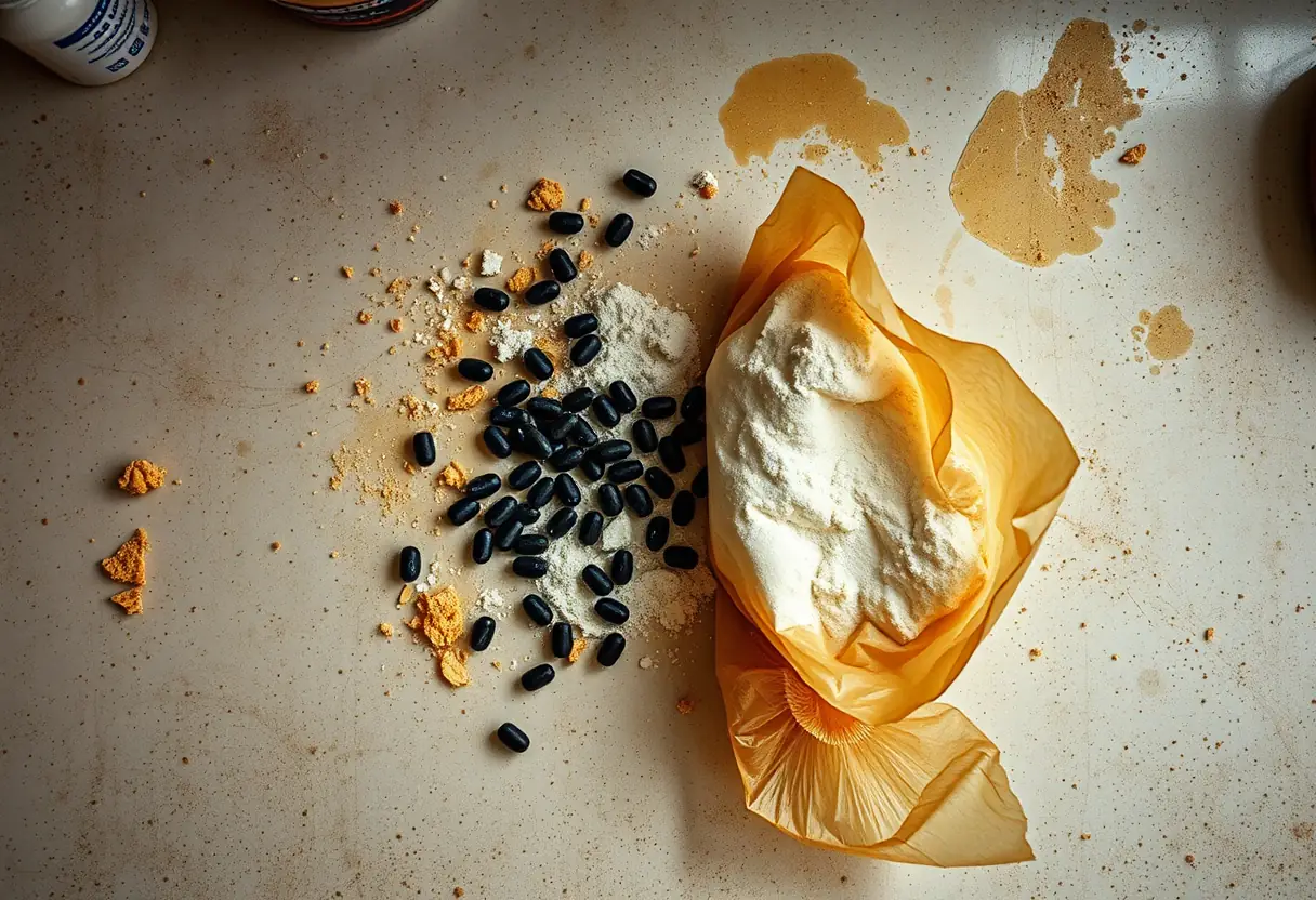 Un plan de travail de cuisine avec des restes de nourriture et des excréments de cafards