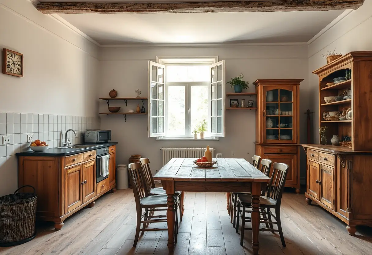Cuisine ancienne avec une table en bois et une lumière naturelle