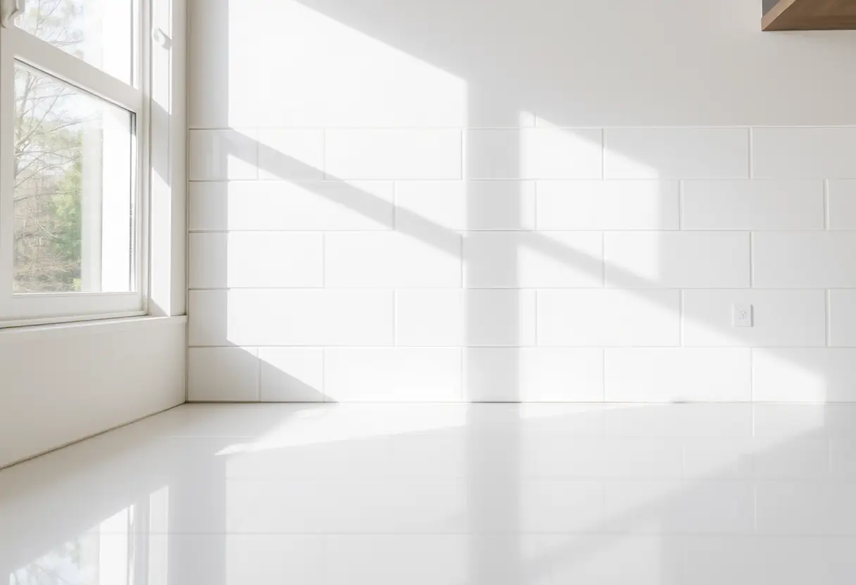 Carreaux porcelaine blancs dans une cuisine rénovée, lumière naturelle