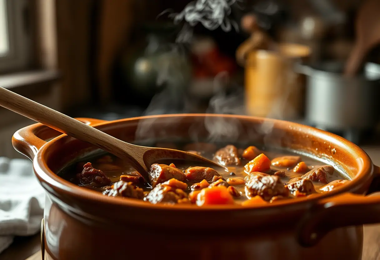 Plan rapproché d'une cuillère en bois qui remue un cassoulet bouillonnant dans un chaudron en grès, la vapeur s'élevant de la surface