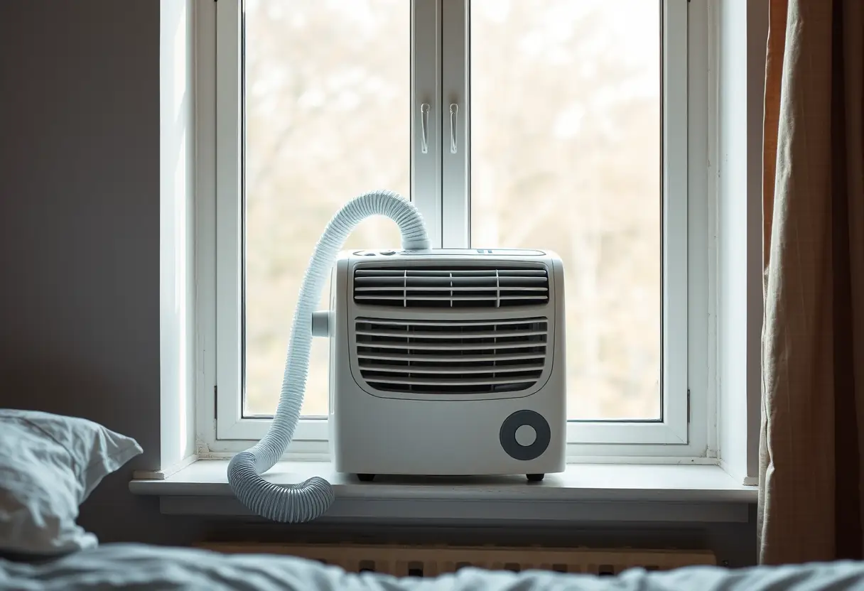 Vue rapprochée d'un climatiseur portable posé sur un rebord de fenêtre dans une chambre