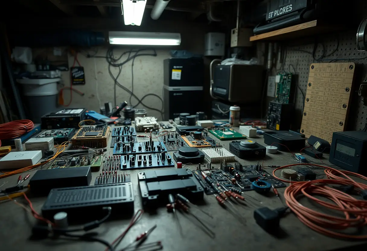 Un ensemble de composants électroniques disposés sur un bureau de travail dans un sous-sol