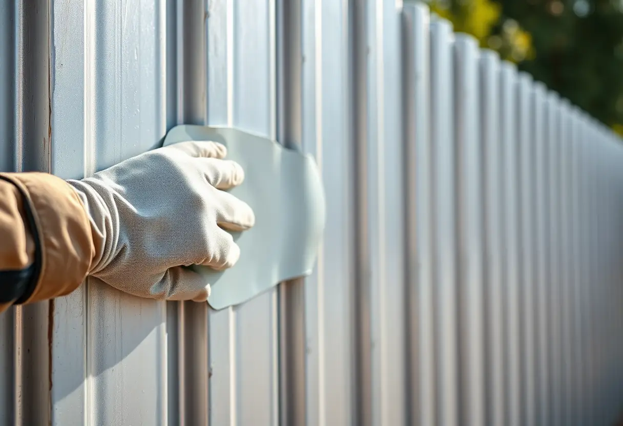 Main d'ouvrier sur une clôture en aluminium