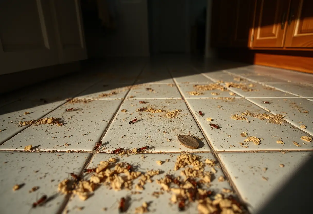 Fourmis rampant sur un sol couvert de miettes dans une cuisine