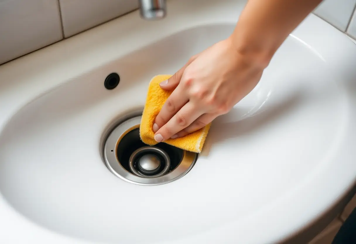 Une main nettoyant un évier de bain pour éliminer les moucherons