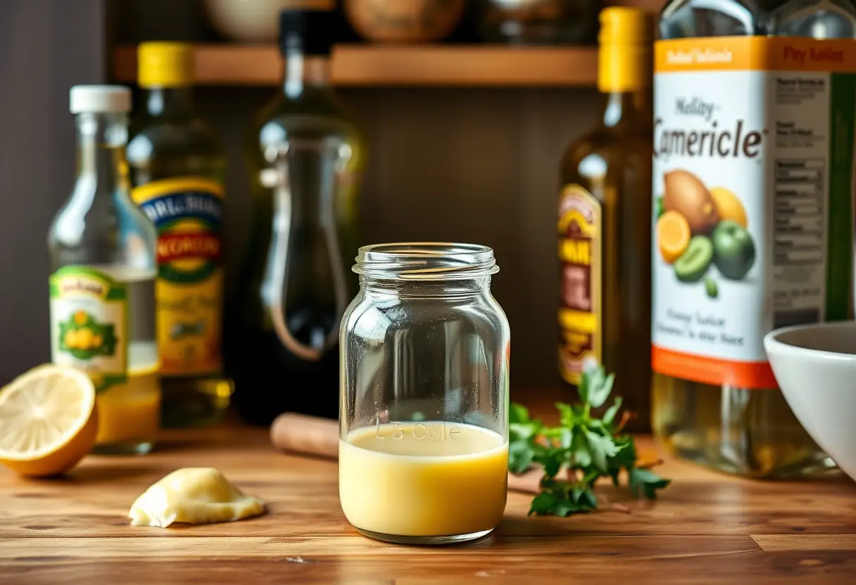 Bocal de mayonnaise sur un plan de travail en bois, entouré d'ingrédients