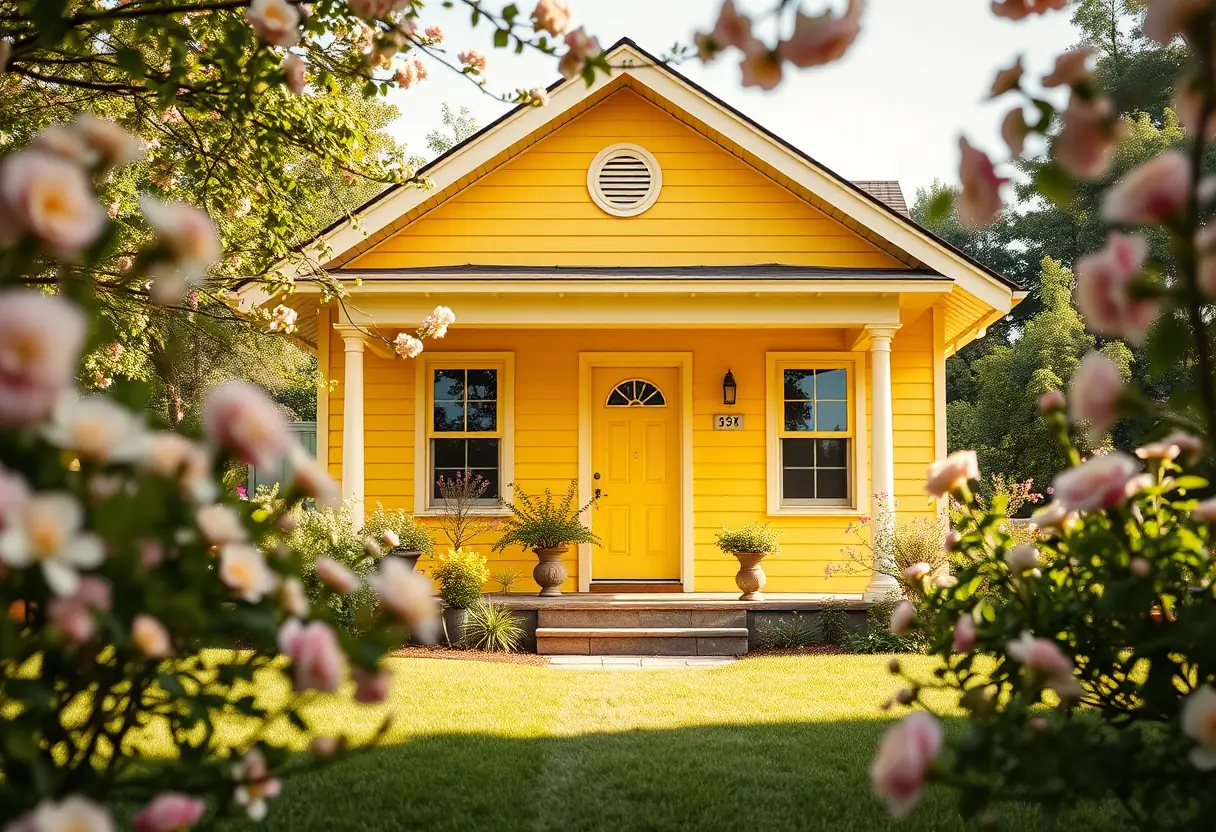 Une maison avec une façade jaune fraîchement peinte, entourée d'un jardin en fleurs, éclairée par la lumière du soir
