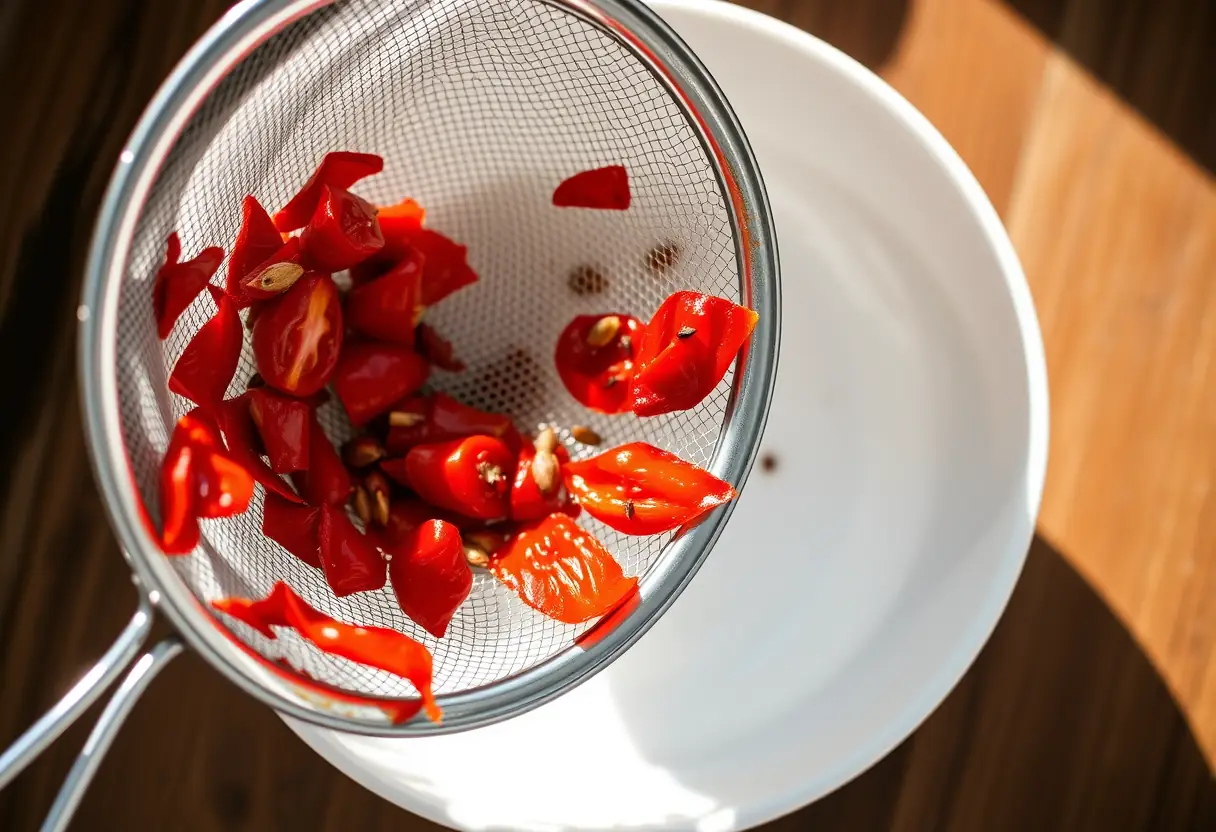Peau et graines de tomates passant à travers une passoire finement tissée