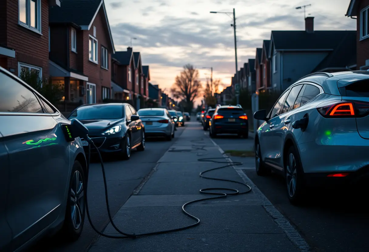 Voitures électriques chargées sur une rue résidentielle au crépuscule, câbles dissimulés, éclairage naturel