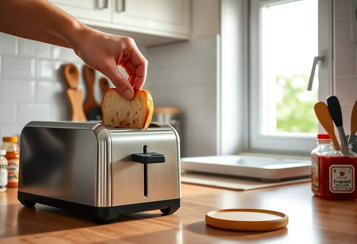 Une main retire deux tranches de pain toasté d'un grille-pain bien éclairé