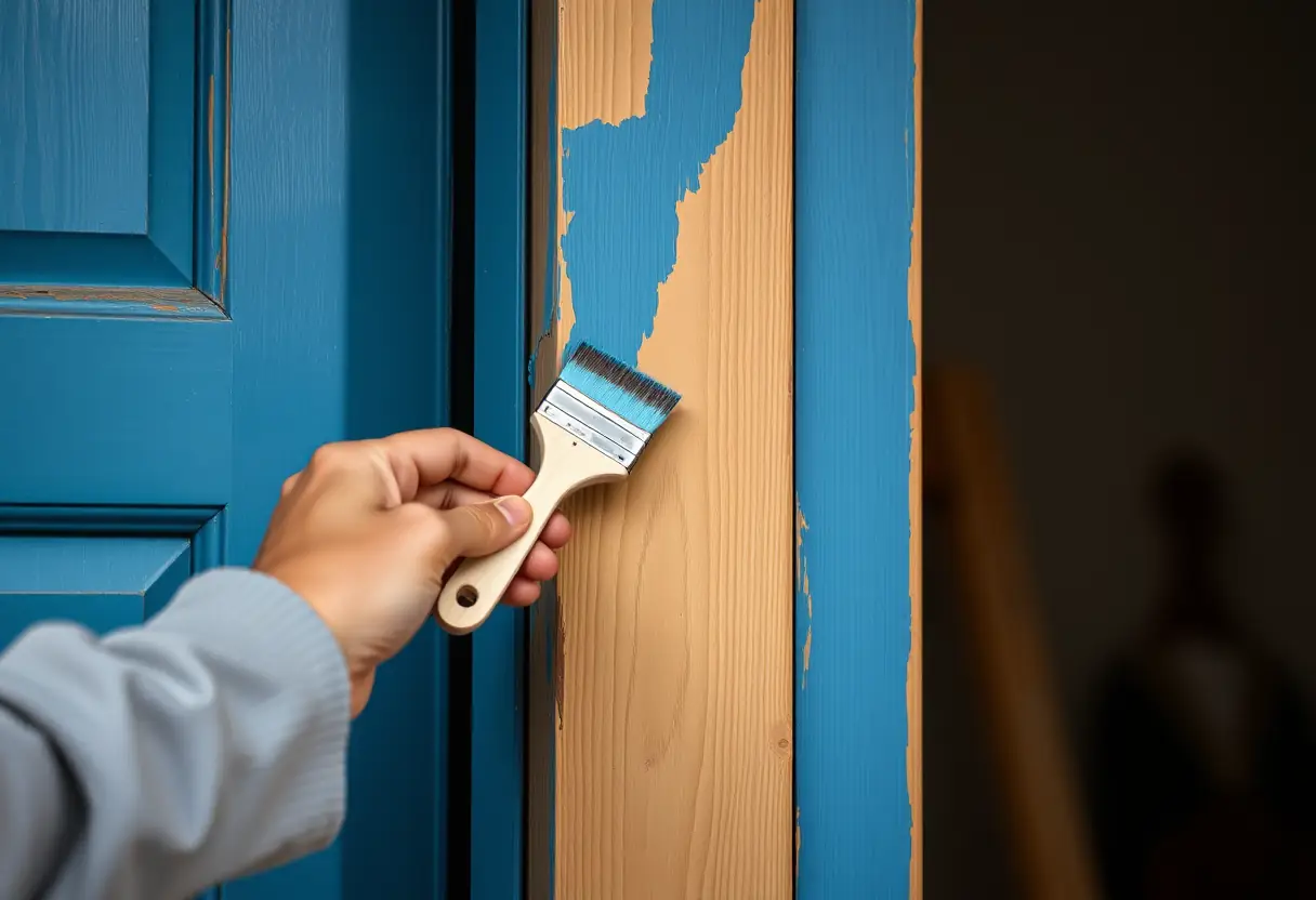 Une main peignant délicatement une porte en bois