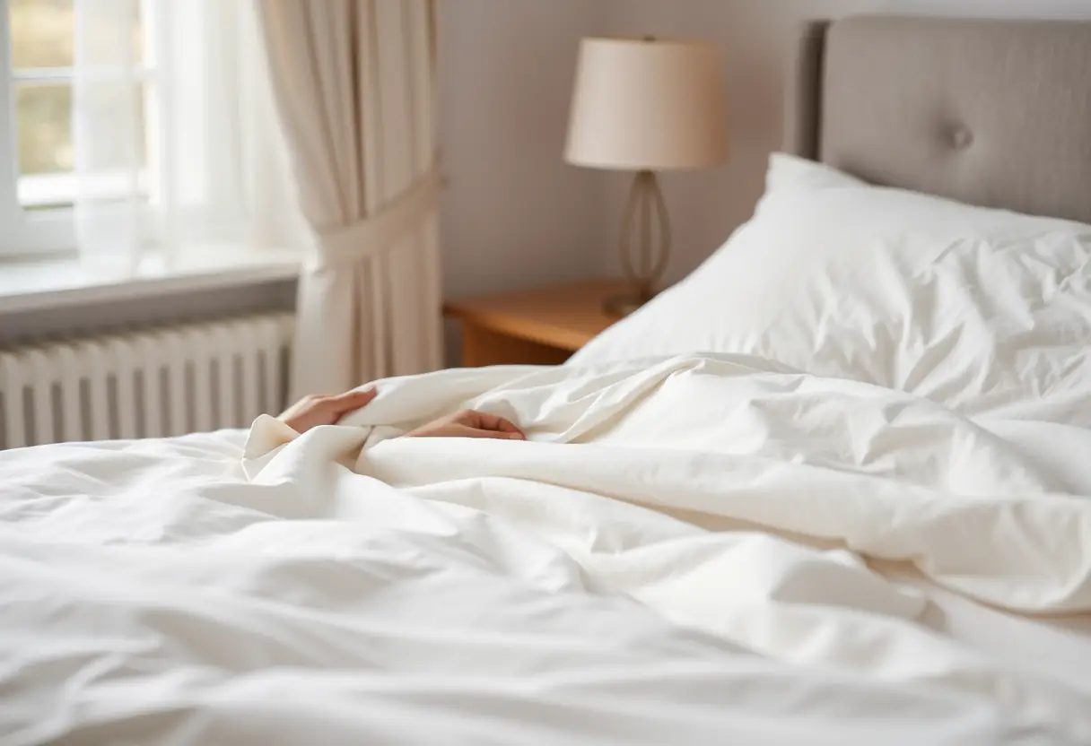Des mains lisant un drap blanc dans une chambre pour une atmosphère apaisante