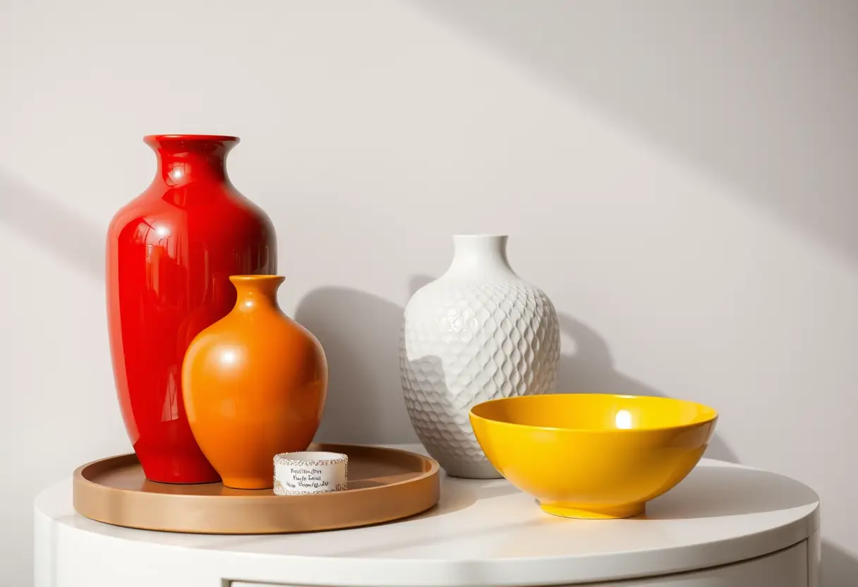 Des objets décoratifs soigneusement disposés sur une petite table, incluant des vases rouges et bleus et un bol jaune