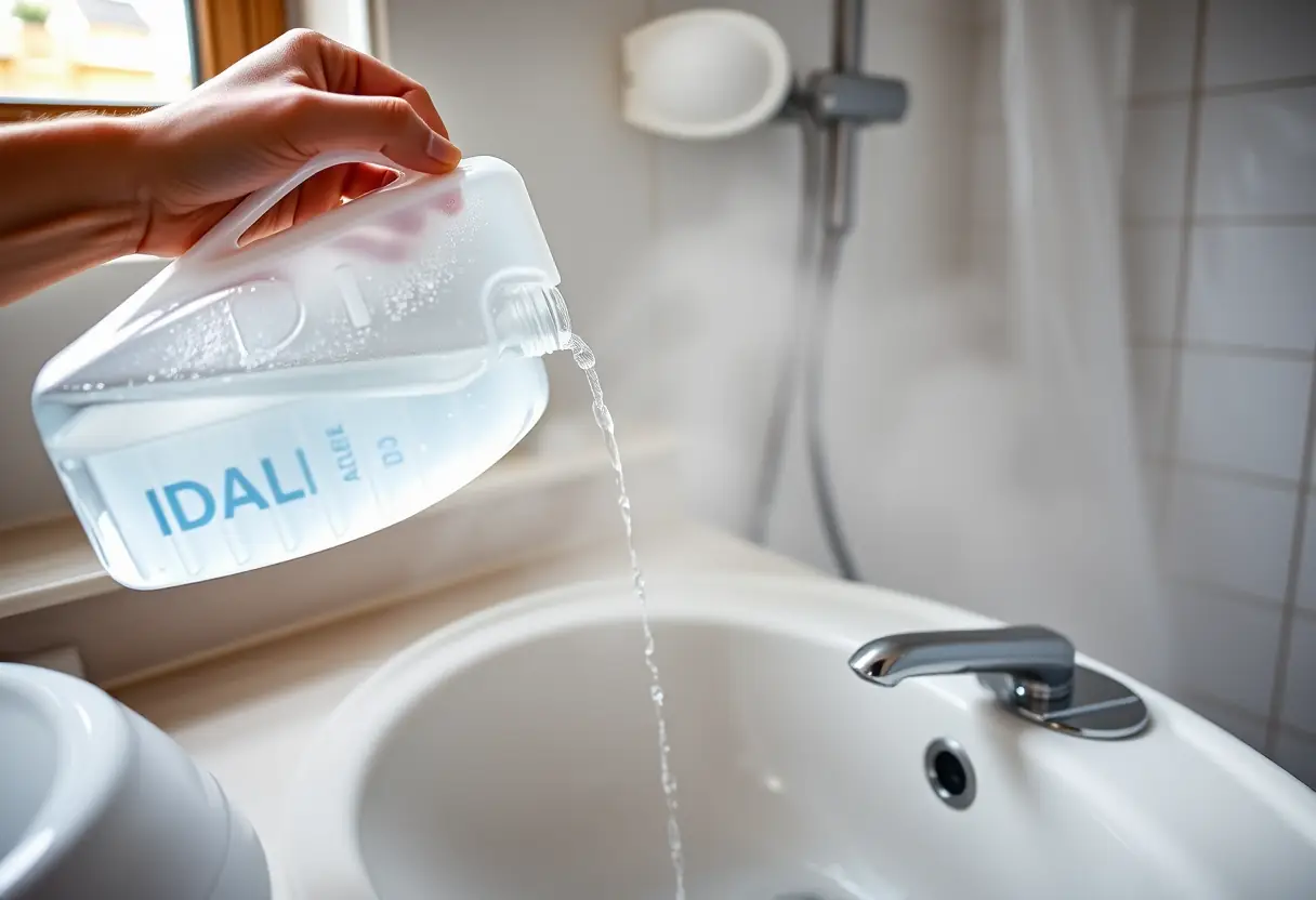 Une main qui verse de l'eau distillée dans une baignoire en porcelaine