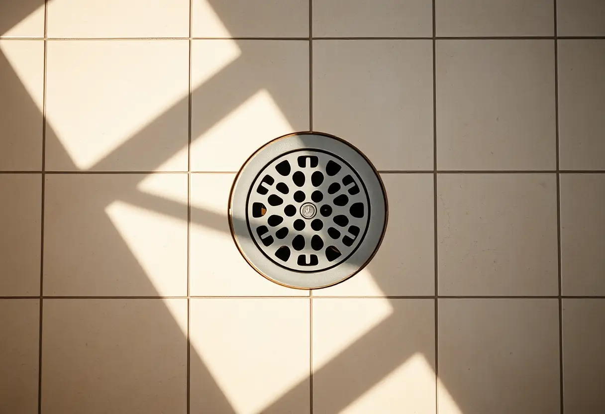 Un égouttement de baignoire avec sa grille de protection sur un sol carrelé