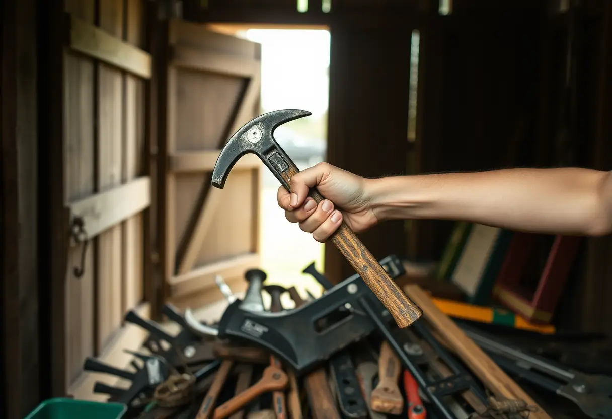 Une main tenant un barreau posé sur des outils de jardin dans un hangar