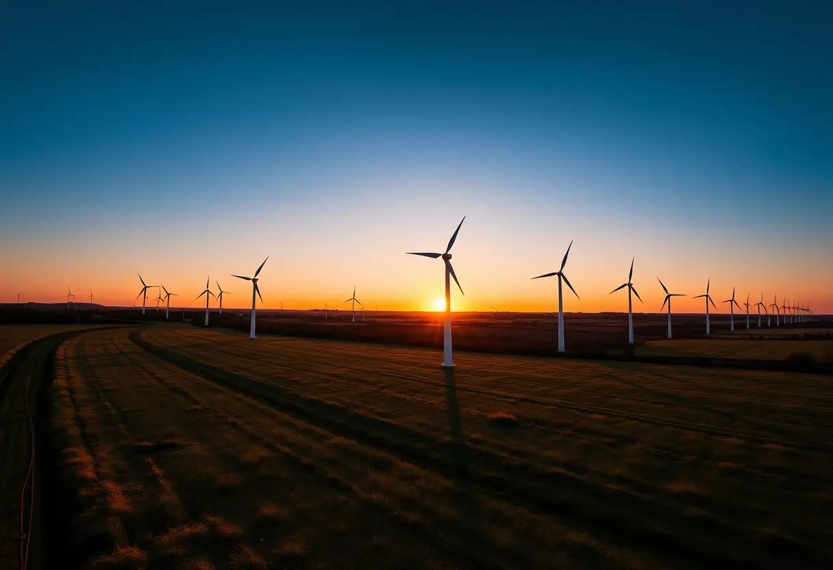 Éoliennes domestiques tournant lentement au coucher du soleil sur un champ