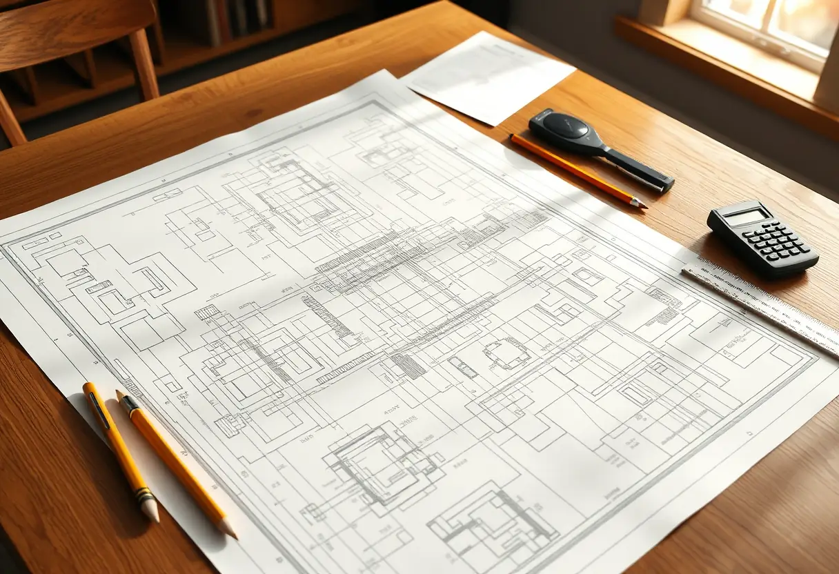 plans posés sur une grande table en bois, éclairés par la lumière du matin
