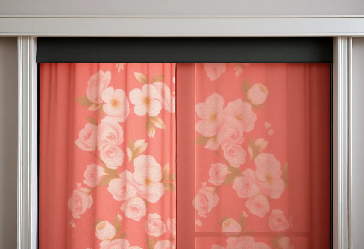 Barrière coulissante glissière partiellement ouverte révélant un rideau fleuri