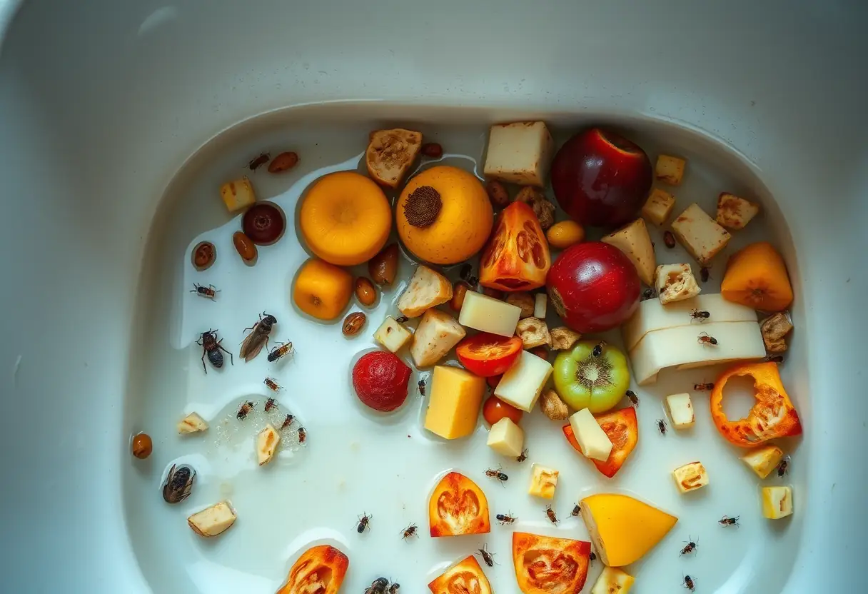 Égouttoir rempli de déchets alimentaires attirant les insectes