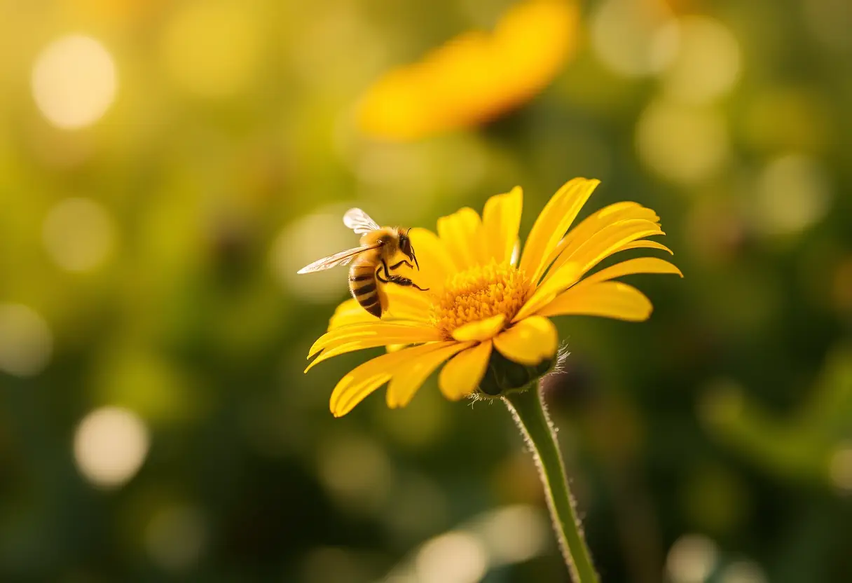 Une abeille posée sur une fleur jaune