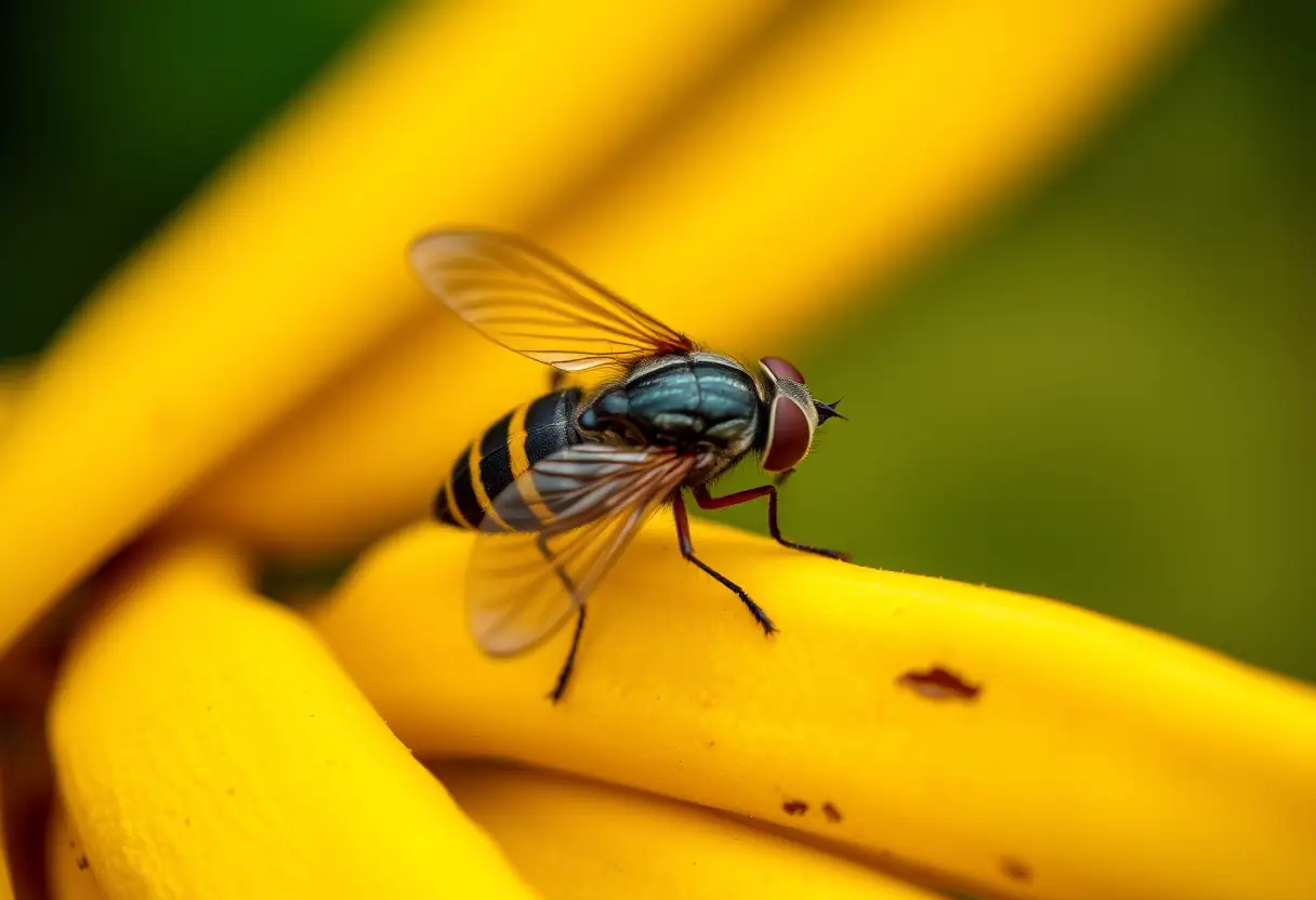 mouche noire au repos sur une peau de banane jaune