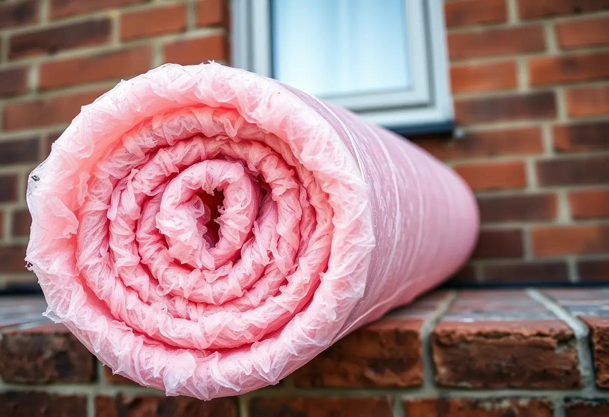 Fibres de laine de verre rose sur la façade d'une maison, isolation thermique