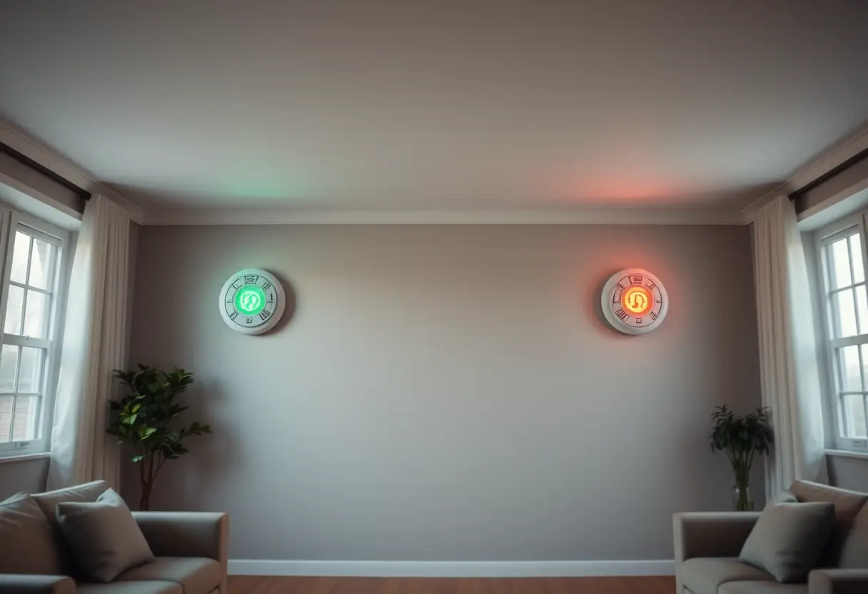 Détections de fumée installées dans un salon, éclairé par une lumière douce