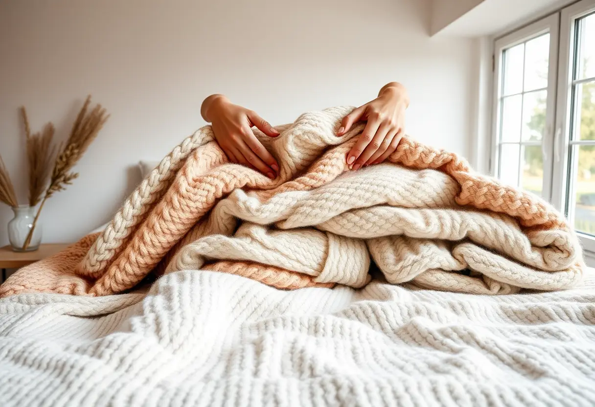 Mains arrangeant des couvertures en laine dans une chambre nordique