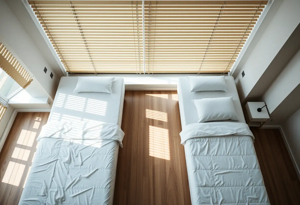 Vue aérienne de quatre lits vides dans une chambre spacieuse