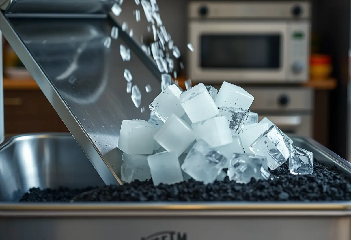 Glaçons roulant sur un dispositif de lavage en métal