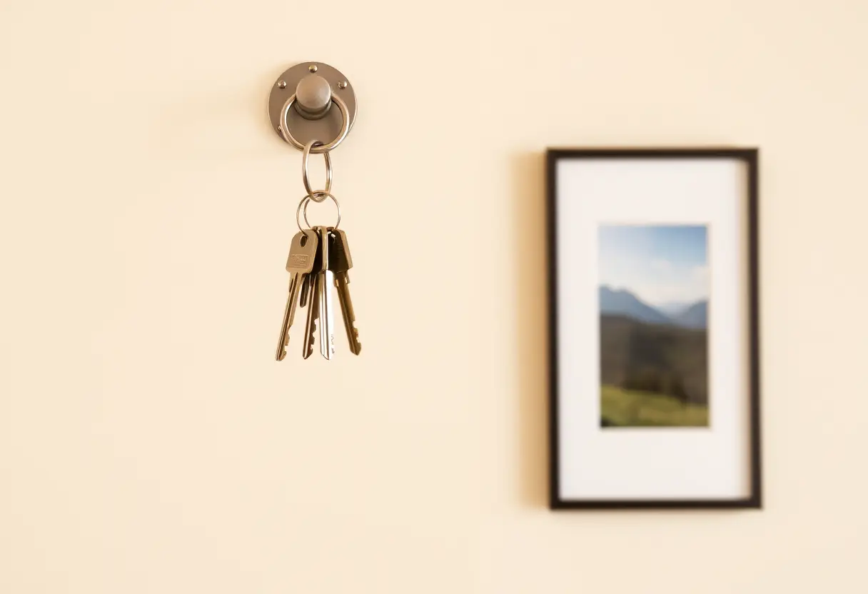 Un jeu de clés suspendu à un anse métallique sur un mur crème, près d'une photo encadrée de paysage serein. Lumière naturelle.