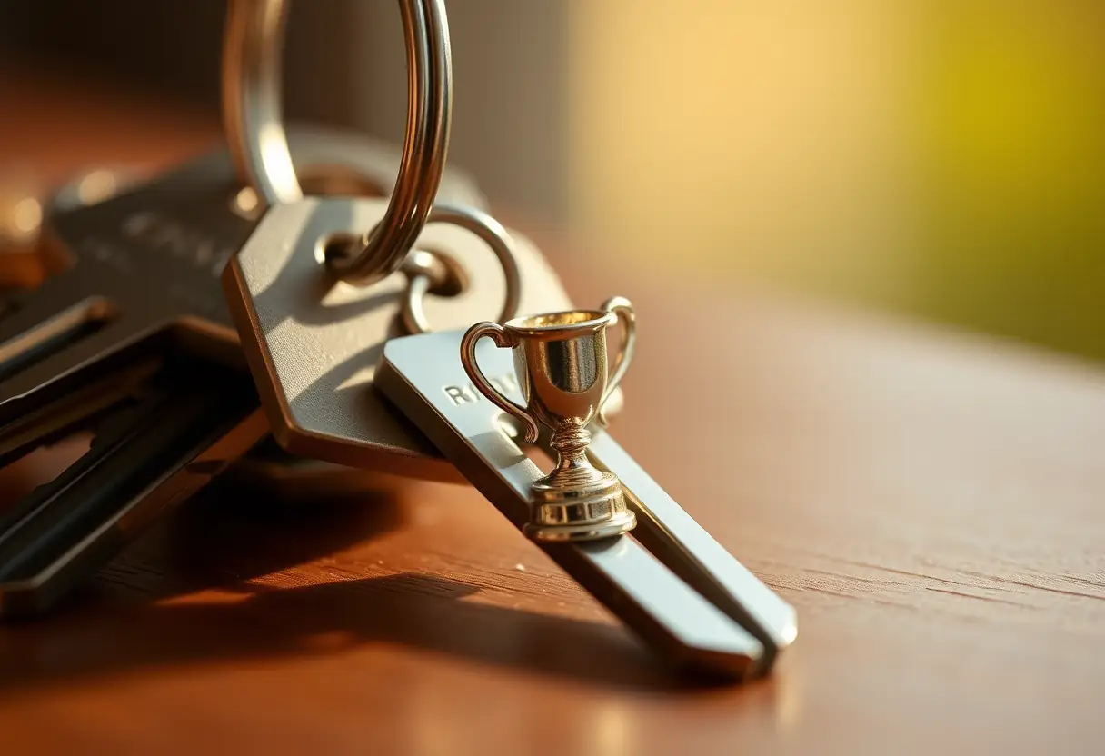 Paire de clés de maison avec un porte-clés représentant un petit trophée