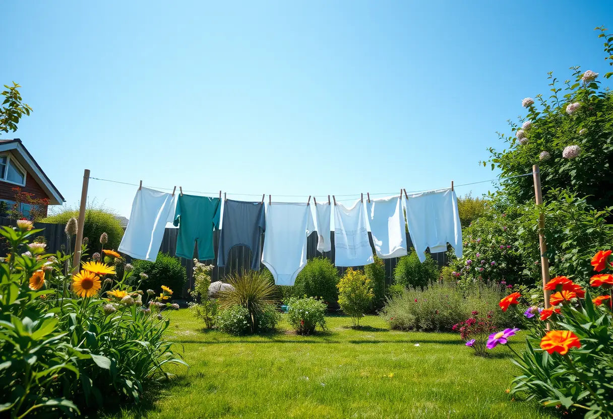 Linges propres séchant sous un ciel bleu