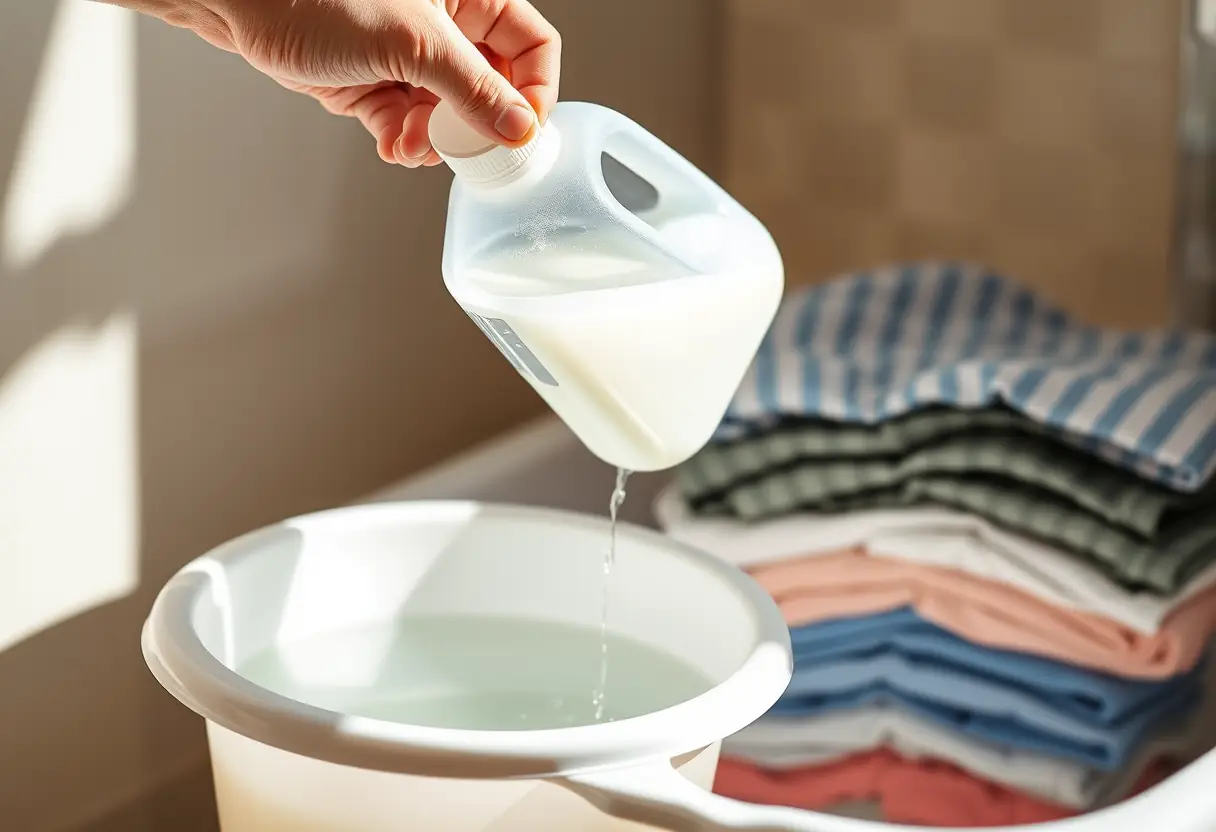 Une main verse du liquide de lessive dans un seau d'eau, près d'un tas de vêtements à laver