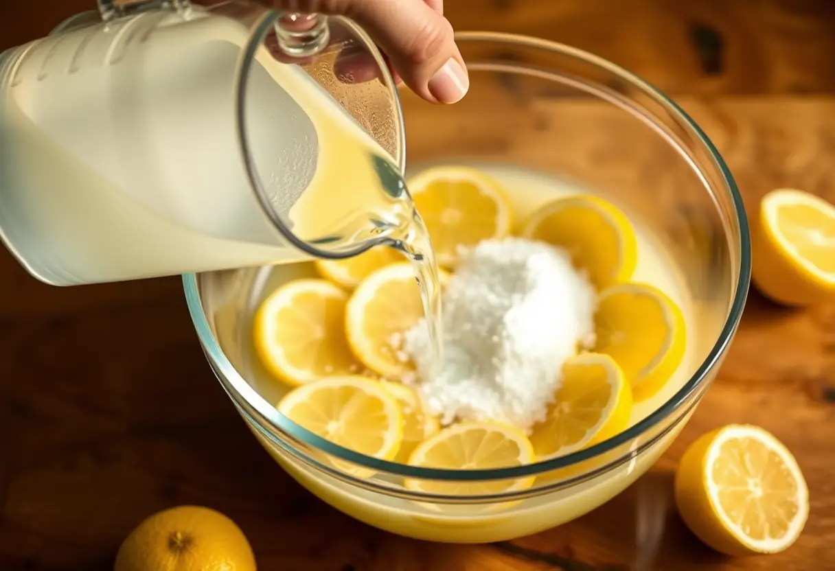 Une main verse de l'eau dans un bol contenant des citrons et du sucre pour faire de la limonade